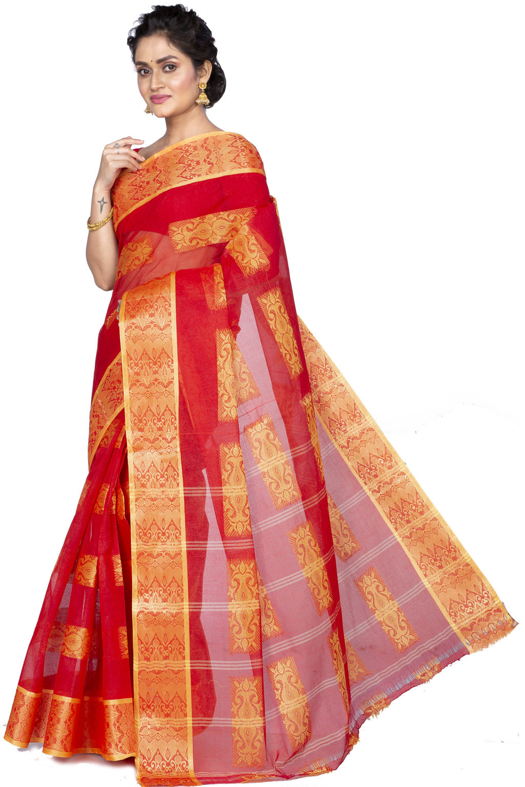 Red Pure Cotton Strip Suparna Tant Saree (165)
